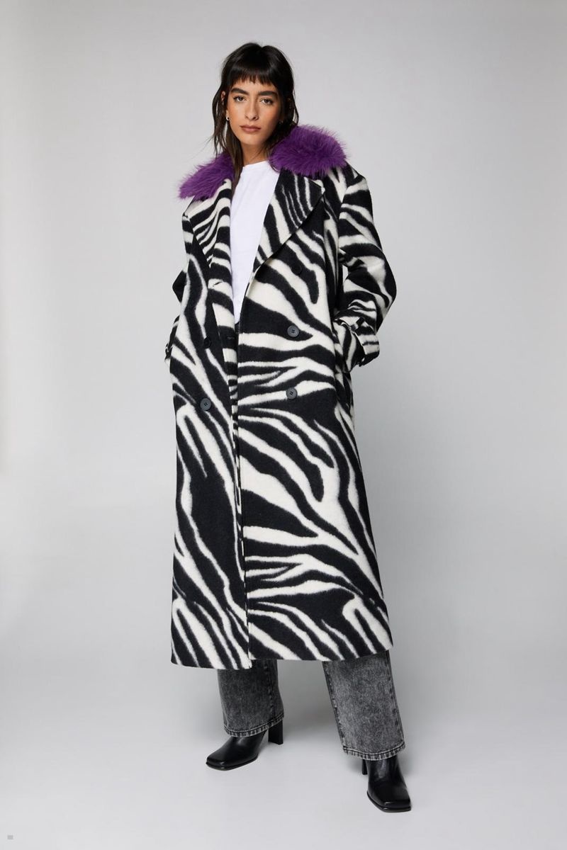 Kabáty Nasty Gal Zebra Print Vlna Blend Tailored Černé Bílé | CZ 5294-AWJYU
