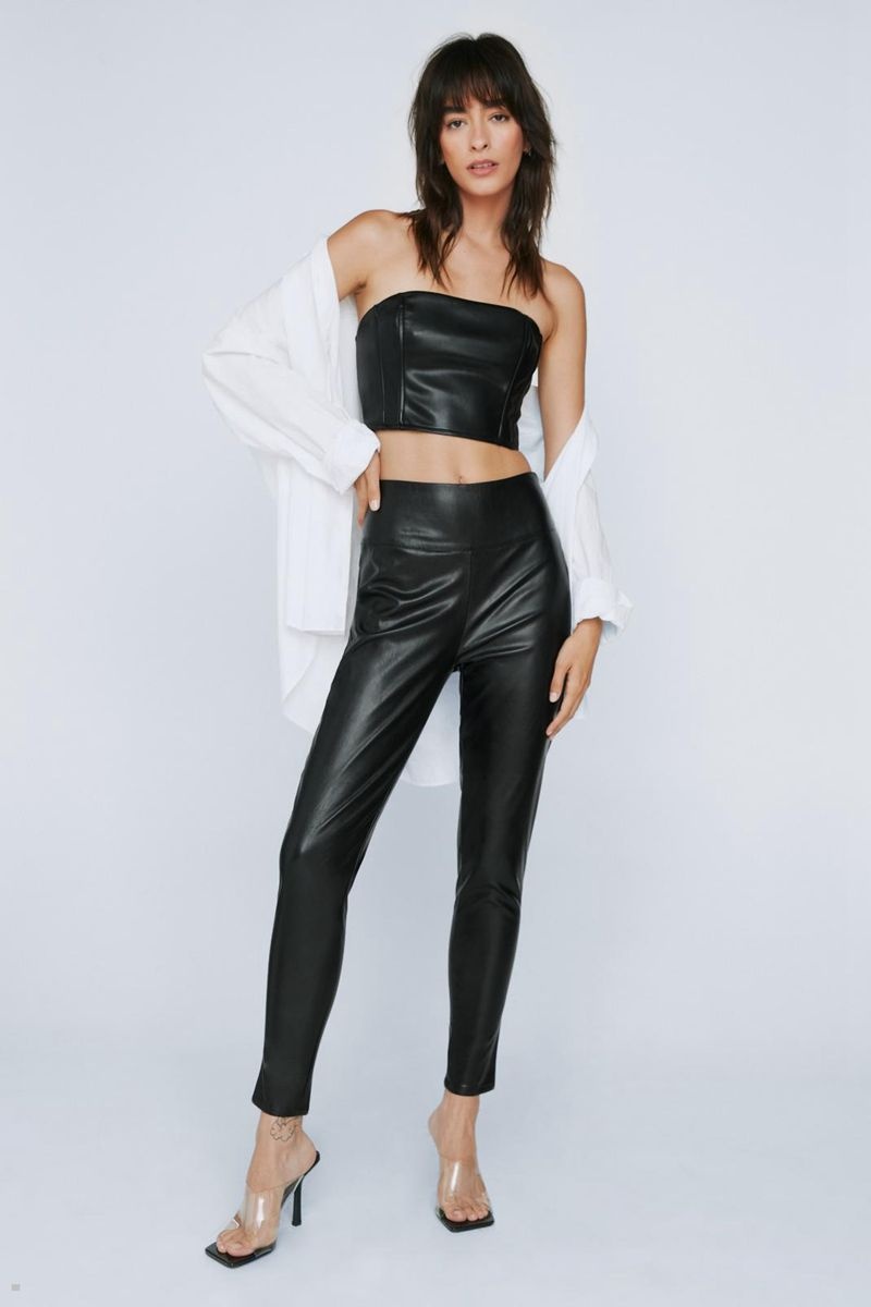 Kalhoty Nasty Gal Faux Læder Hubená Černé | CZ 6872-MPEQA