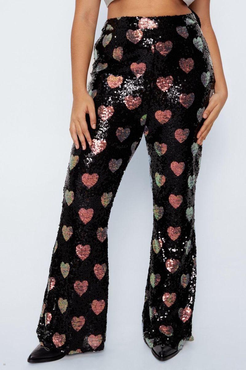 Kalhoty Nasty Gal Plus Velikost Heart Sequin Flare Černé | CZ 8012-TDZNK