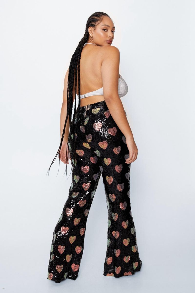 Kalhoty Nasty Gal Plus Velikost Heart Sequin Flare Černé | CZ 8012-TDZNK