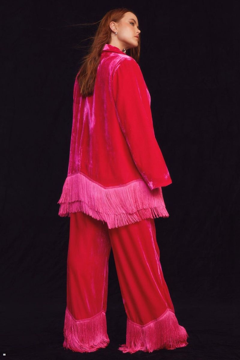 Kalhoty Nasty Gal Plus Velikost Premium Velvet Tassel Trim Tailored Růžové | CZ 4601-DGSQL