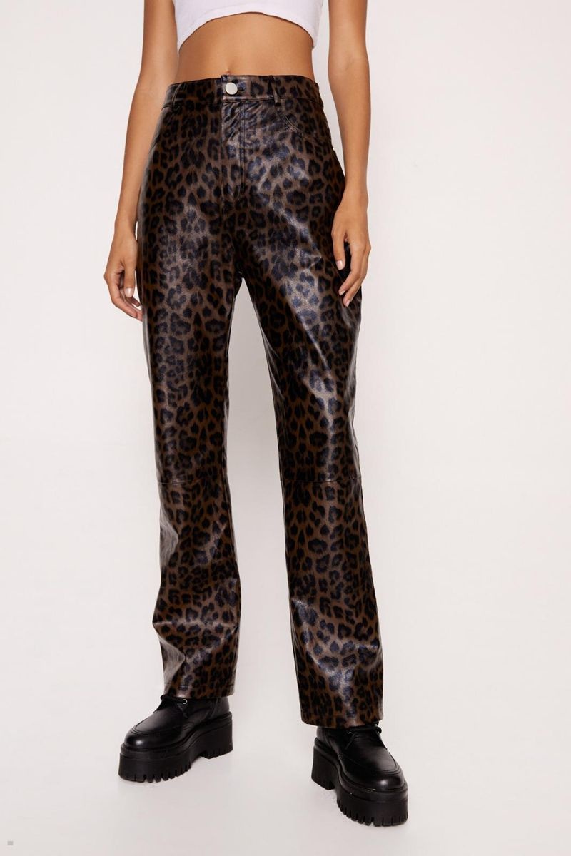 Kalhoty Nasty Gal Premium Leopard Print Faux Læder Hnědé | CZ 1579-RMKHW