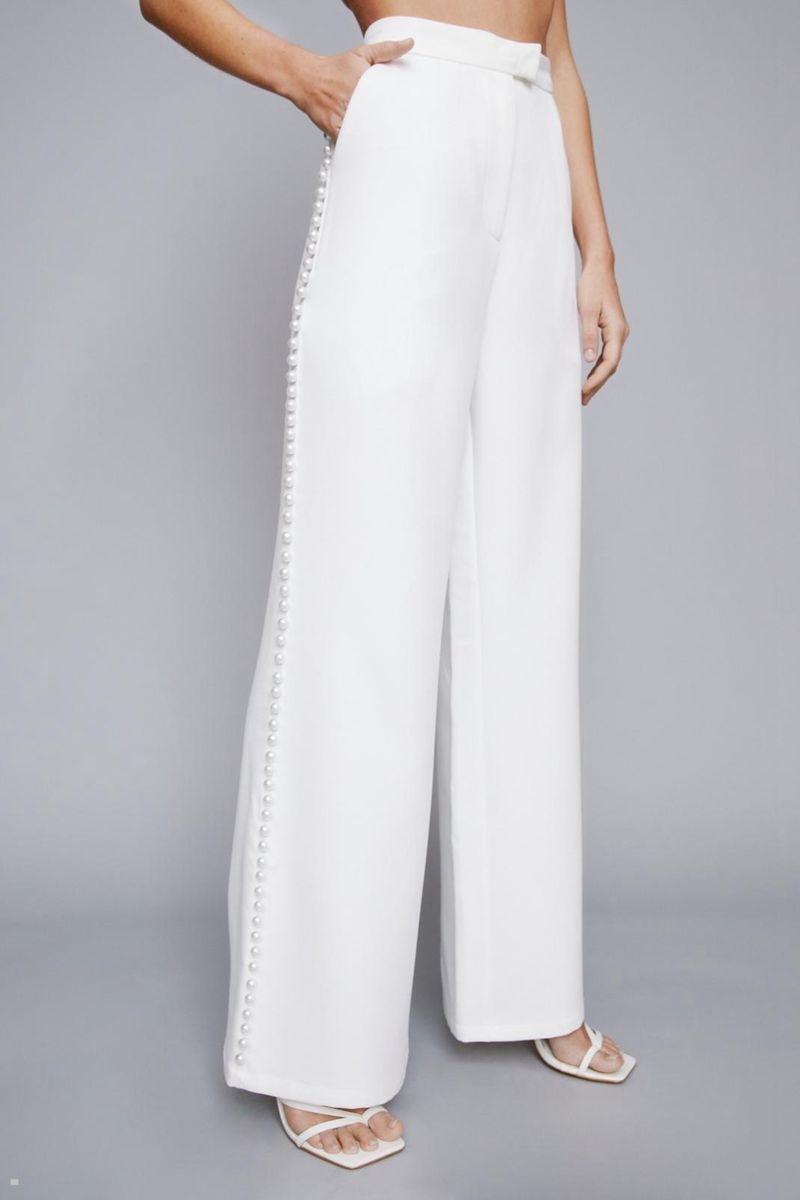 Kalhoty Nasty Gal Premium Pearl Trim Tailored Bílé | CZ 9307-YPONQ