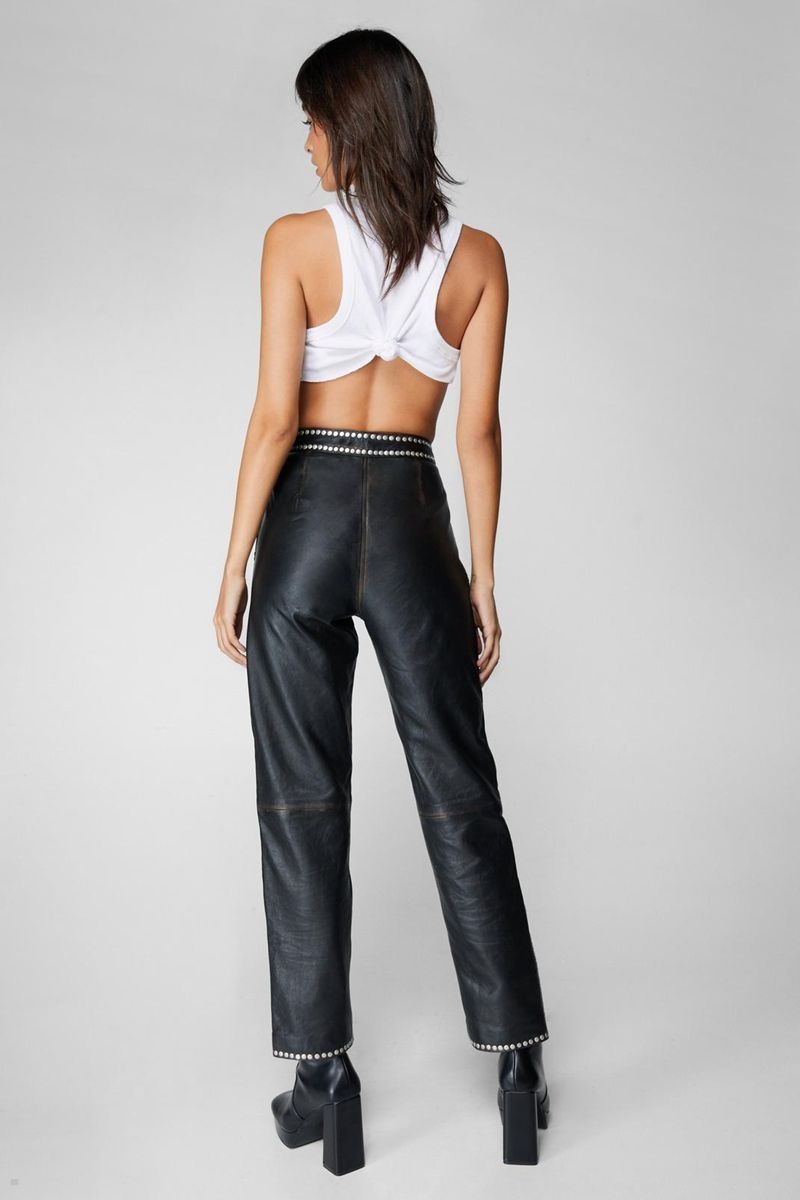 Kalhoty Nasty Gal Premium Real Læder Studded Černé | CZ 3958-GHTBU