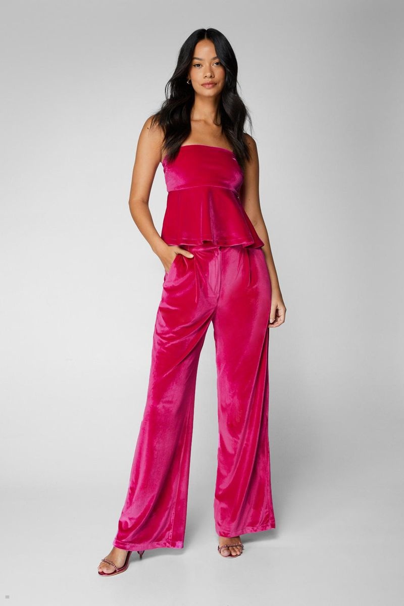 Kalhoty Nasty Gal Premium Velvet Tailored Široké Leg Růžové | CZ 1074-FZGRV