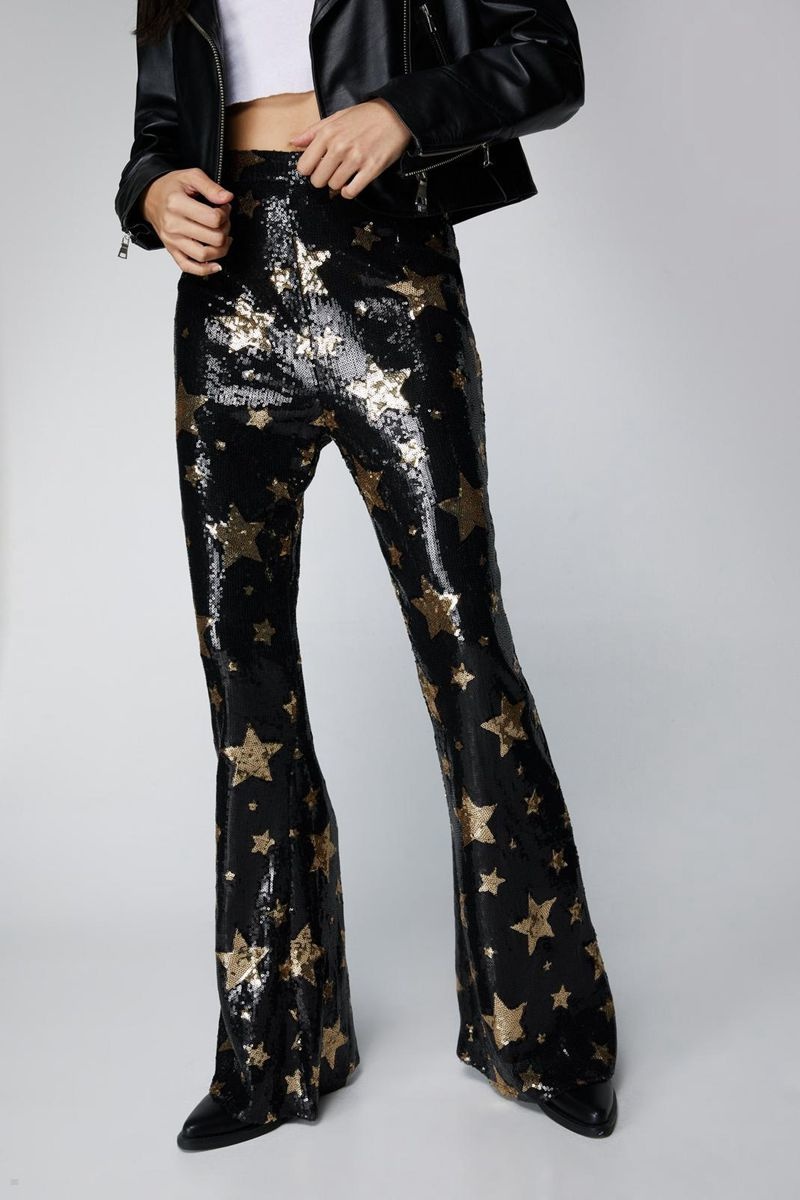 Kalhoty Nasty Gal Star Sequin Flare Černé | CZ 4170-BUTAE