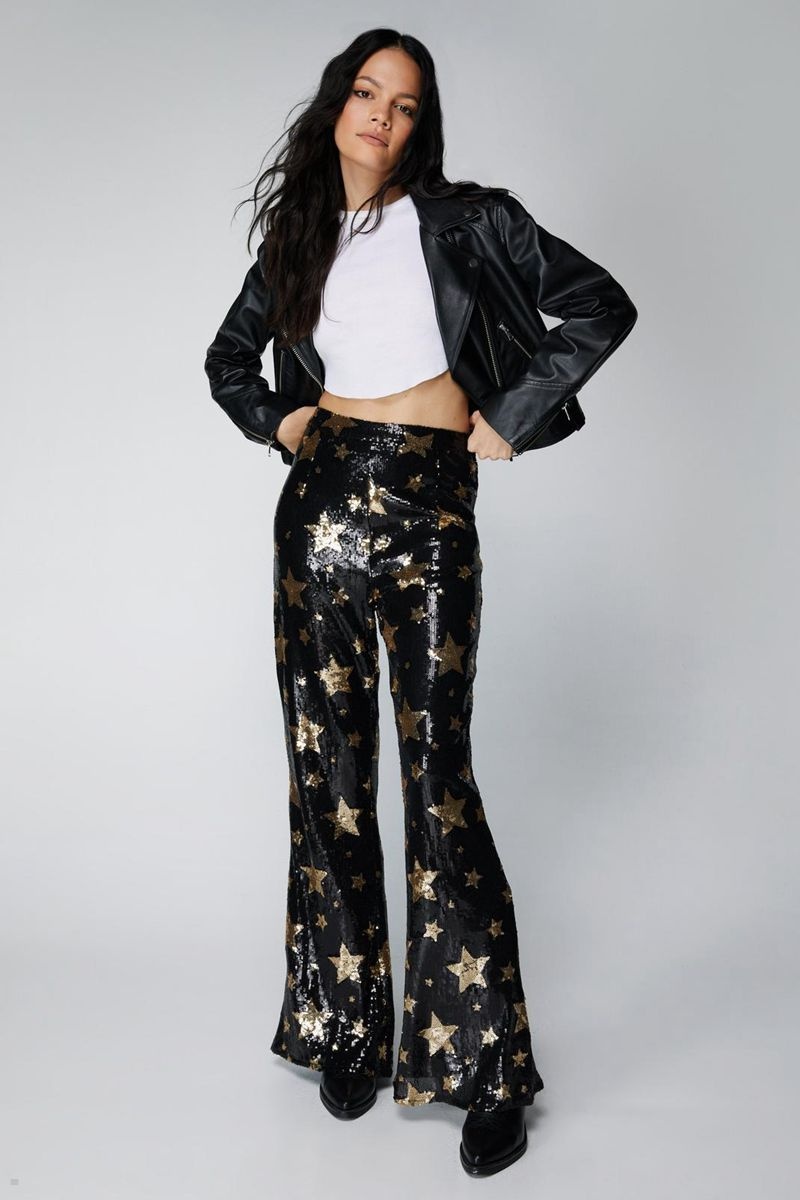 Kalhoty Nasty Gal Star Sequin Flare Černé | CZ 4170-BUTAE