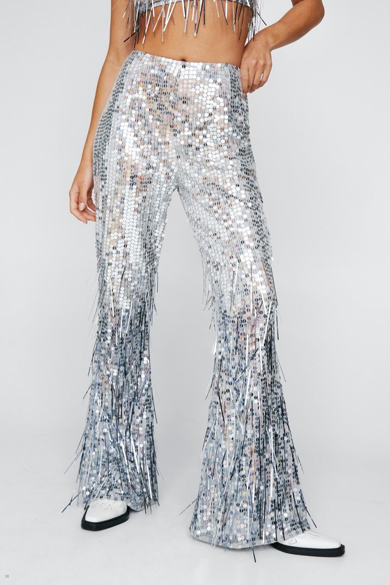 Kalhoty Nasty Gal Tassel Sequin Flared Stříbrné | CZ 4967-JRWGD