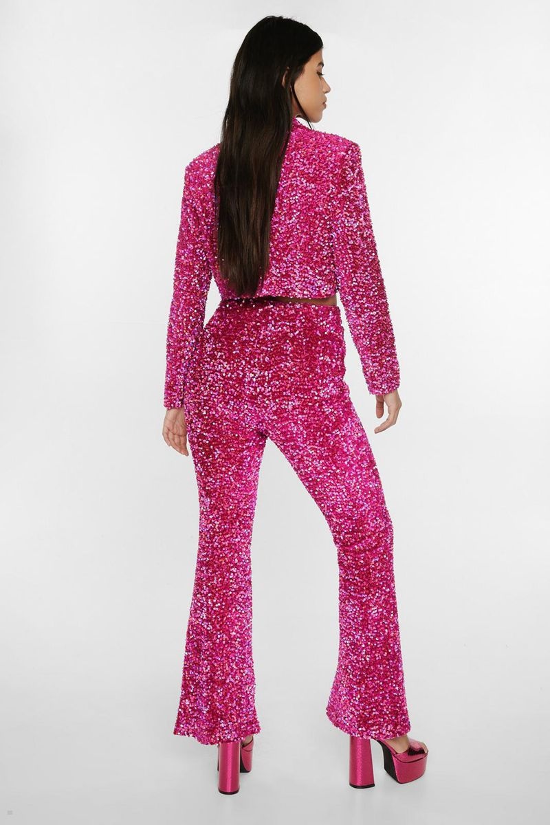 Kalhoty Nasty Gal Velvet Sequin Flare Růžové | CZ 4805-HVGDI