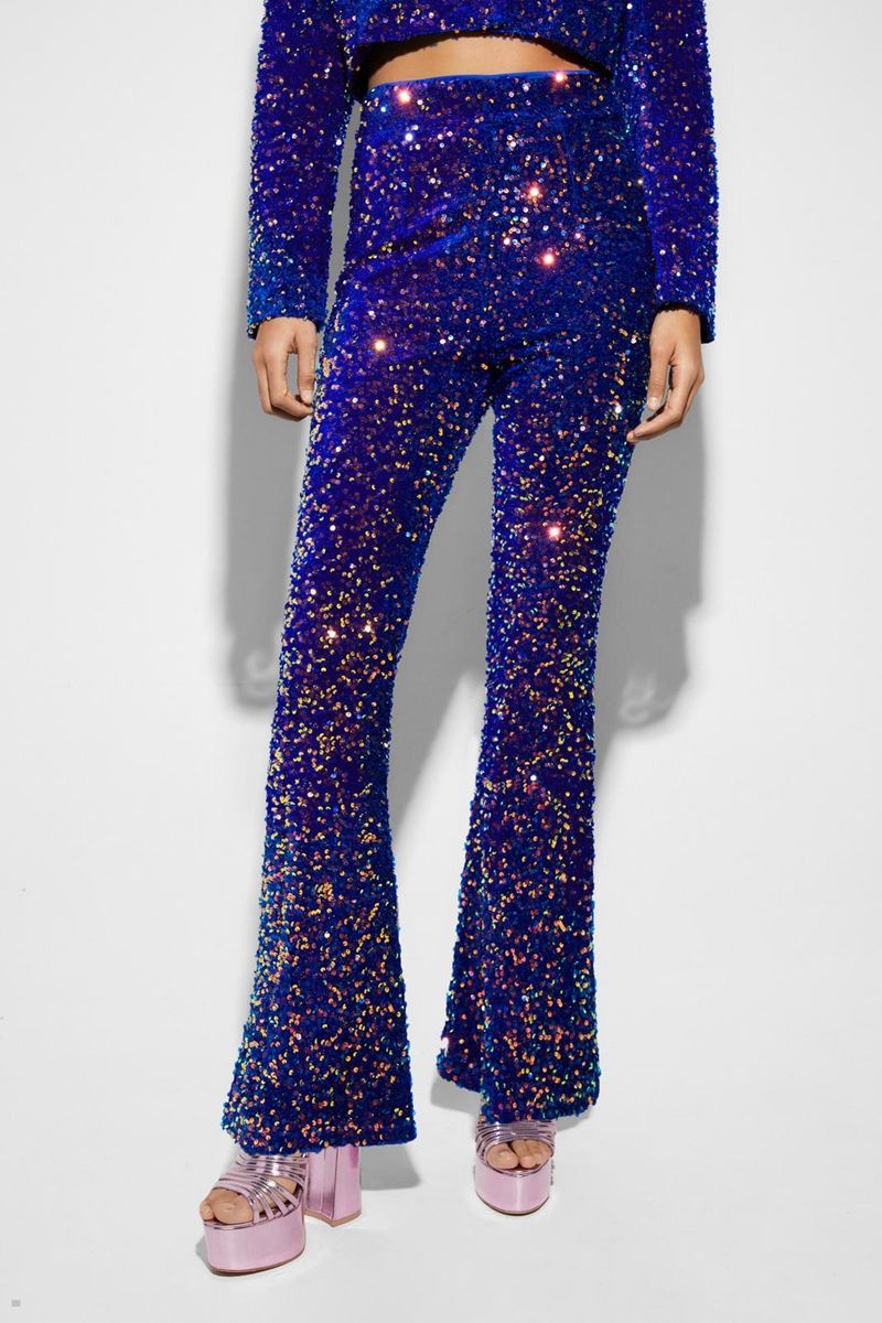 Kalhoty Nasty Gal Velvet Sequin Flare Tmavě Blankyt | CZ 6529-GZPCR