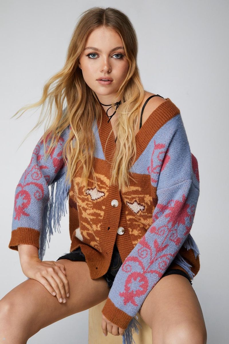 Kardigan Nasty Gal Floral Fringe Knit Hnědé | CZ 1750-CXKFQ