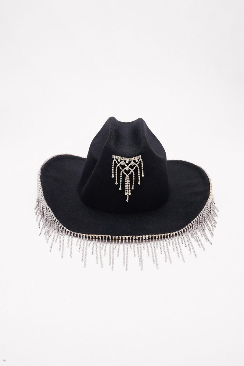 Klobouky Nasty Gal Diamante Tassel Detail Cowboy Černé | CZ 7894-SIJTF