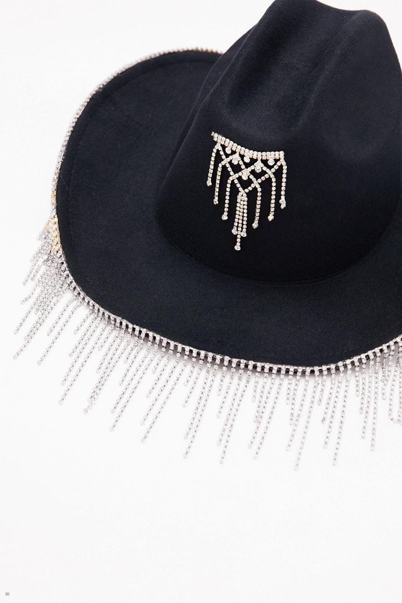 Klobouky Nasty Gal Diamante Tassel Detail Cowboy Černé | CZ 7894-SIJTF