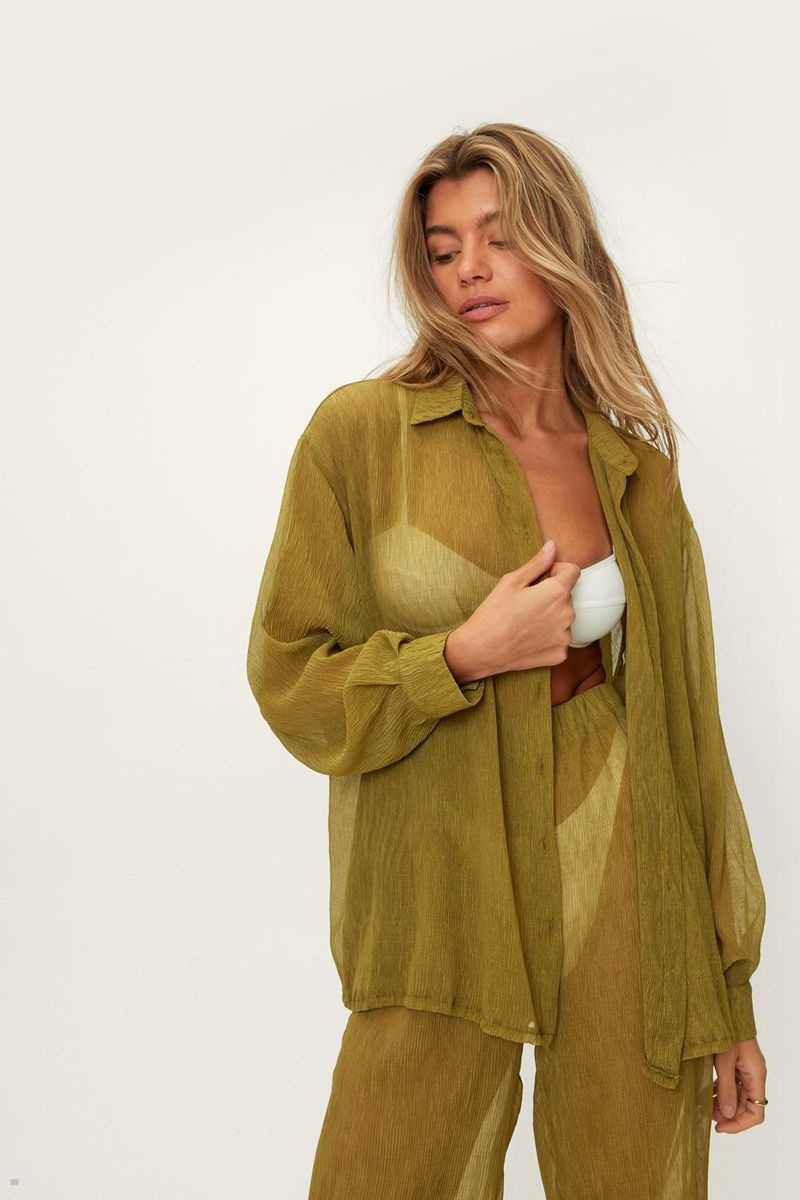 Košile Nasty Gal Plisse Oversized Beach Olivy Zelené | CZ 0756-RKMVC