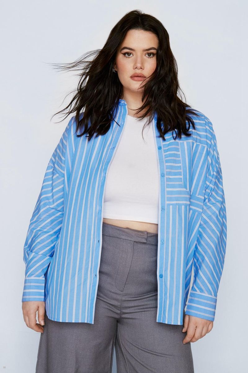 Košile Nasty Gal Plus Velikost Stripe Poplin Relaxed Blankyt | CZ 9431-ILXAO