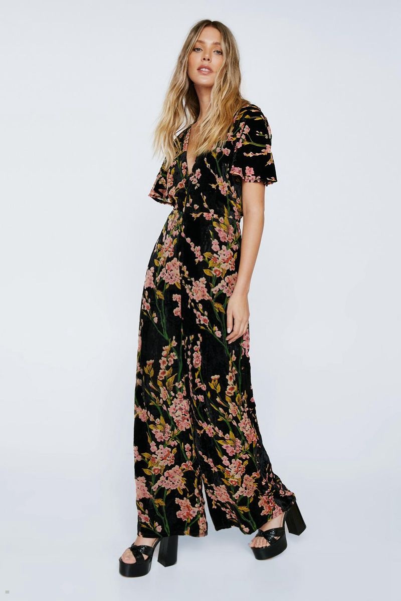 Kombinéza Nasty Gal Floral Devore Angel Sleeve Černé | CZ 5924-AFPBJ