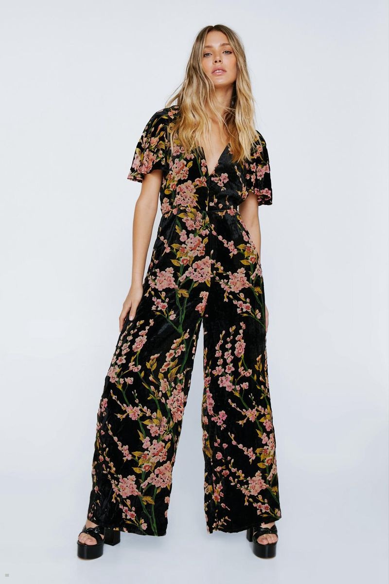 Kombinéza Nasty Gal Floral Devore Angel Sleeve Černé | CZ 5924-AFPBJ