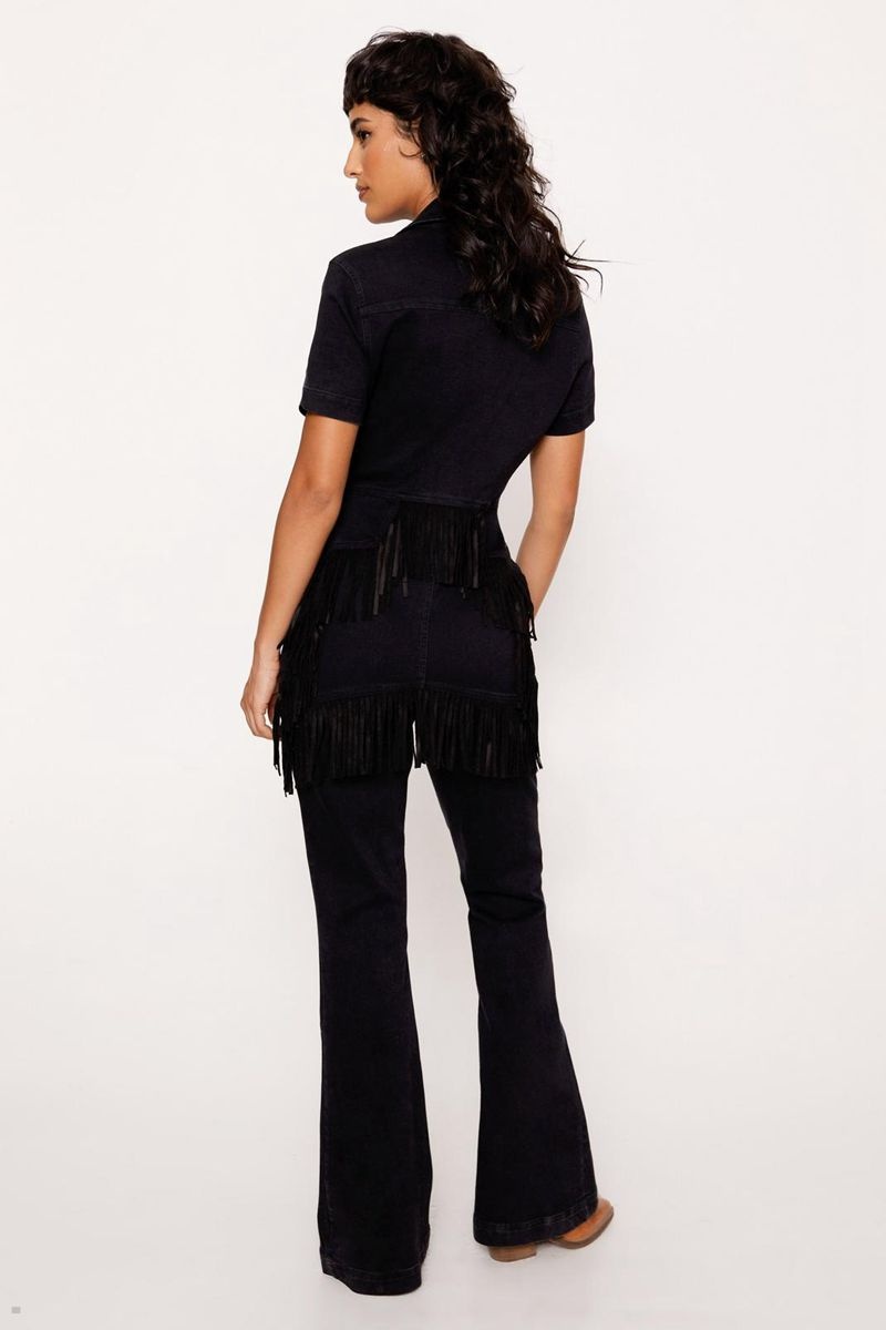 Kombinéza Nasty Gal Fringe Star Bum Zip Through Denim Černé | CZ 4603-MYXRK