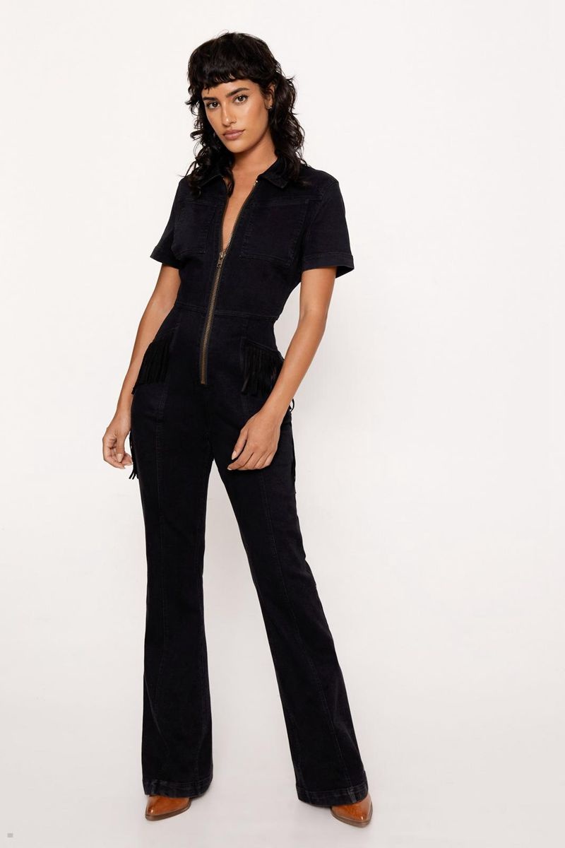 Kombinéza Nasty Gal Fringe Star Bum Zip Through Denim Černé | CZ 4603-MYXRK