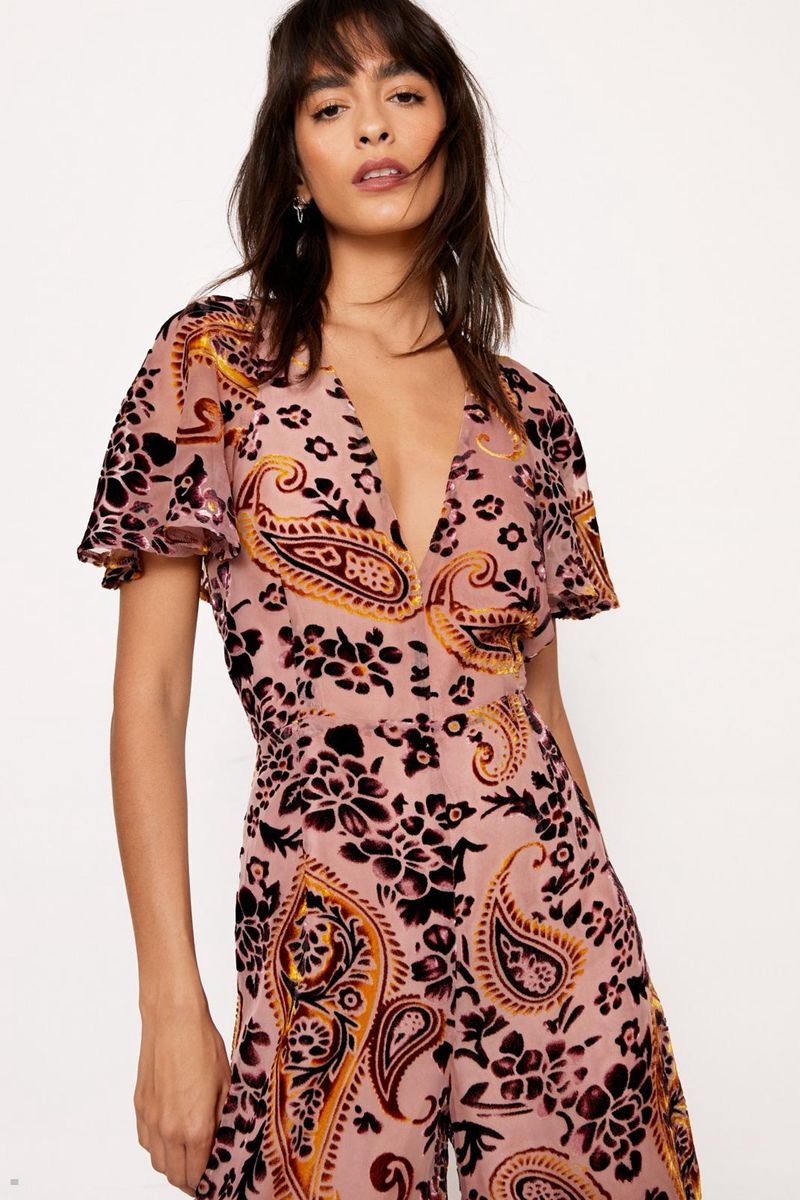 Kombinéza Nasty Gal Paisley Devore Angel Sleeve Růžové | CZ 9347-QZUIB