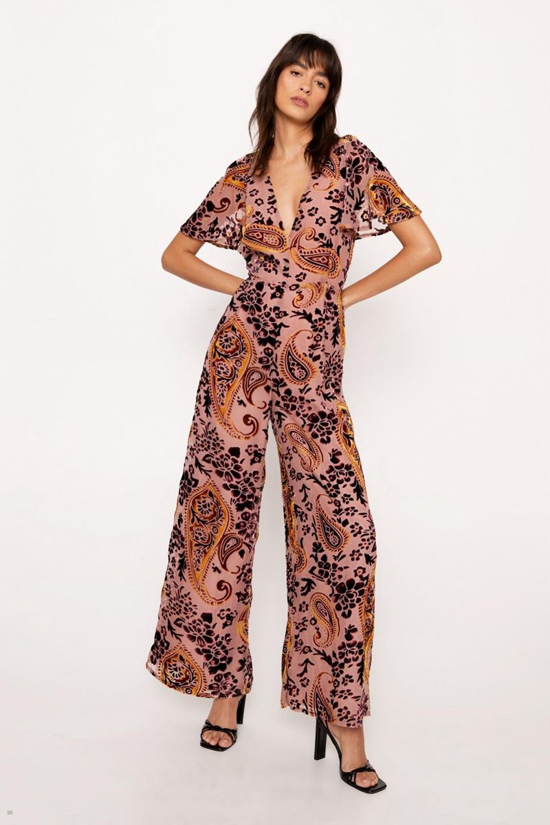 Kombinéza Nasty Gal Paisley Devore Angel Sleeve Růžové | CZ 9347-QZUIB