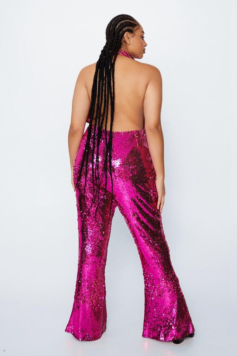 Kombinéza Nasty Gal Plus Velikost Sequin Halter Neck Flare Růžové | CZ 3094-ALEKY