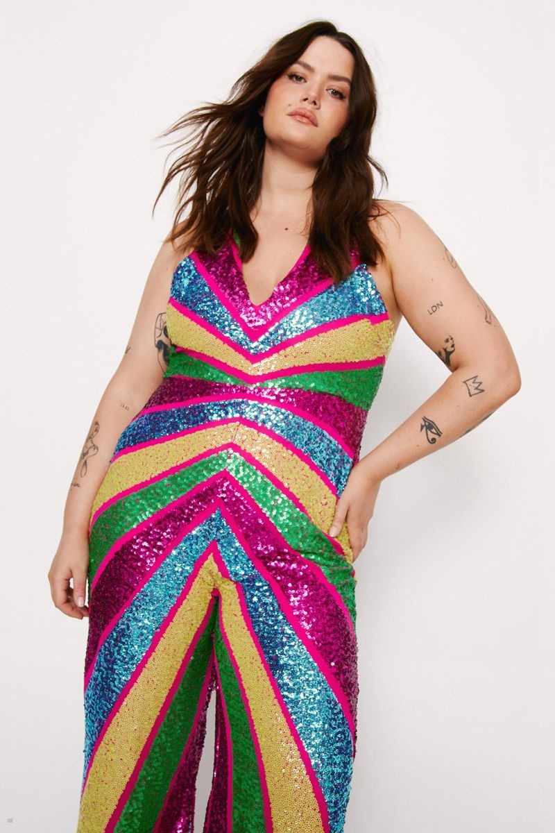 Kombinéza Nasty Gal Plus Velikost Sequin Colorblock Plunge Široké Leg Růžové | CZ 9750-REUOI