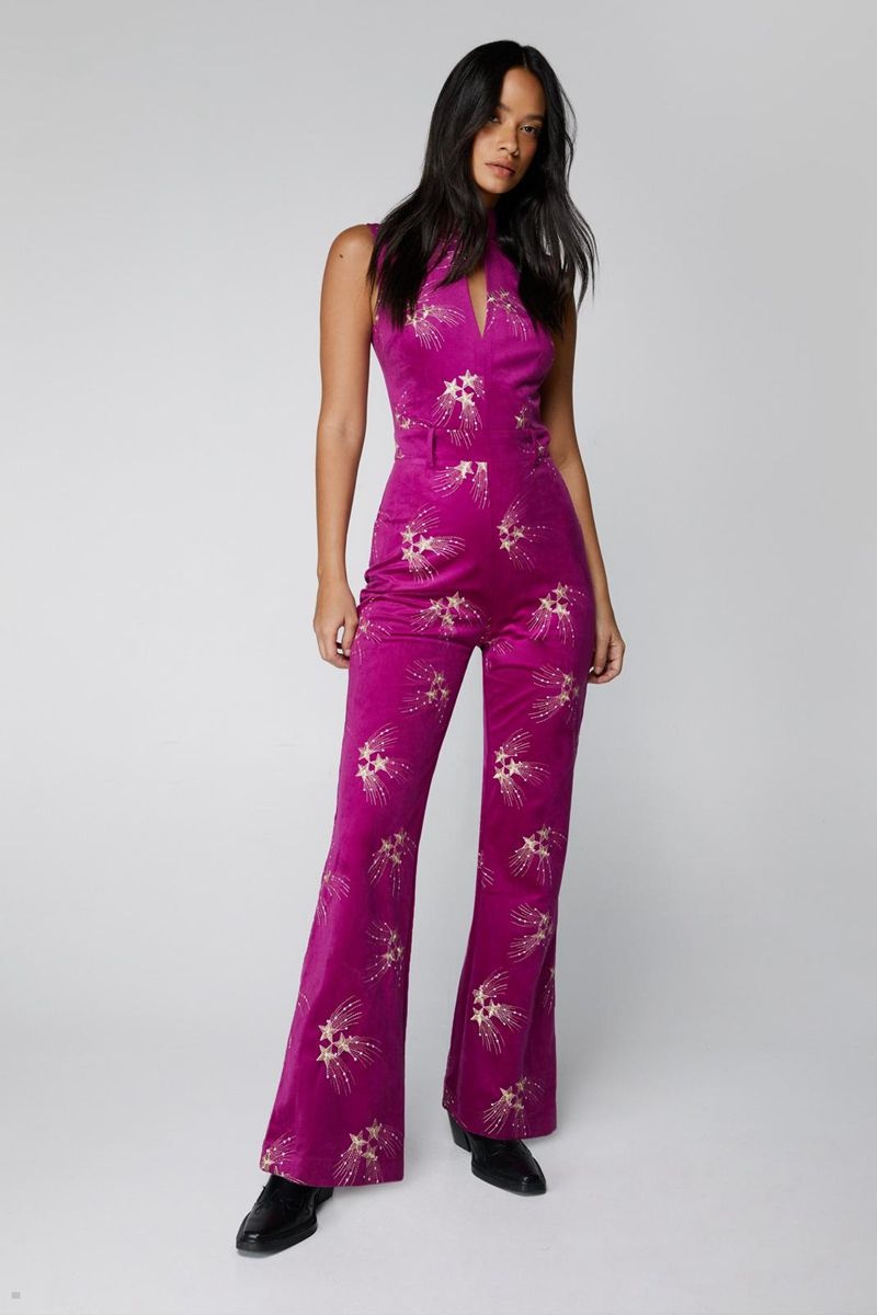 Kombinéza Nasty Gal Premium Embroidered Velvet Fialové | CZ 9216-ISTRF