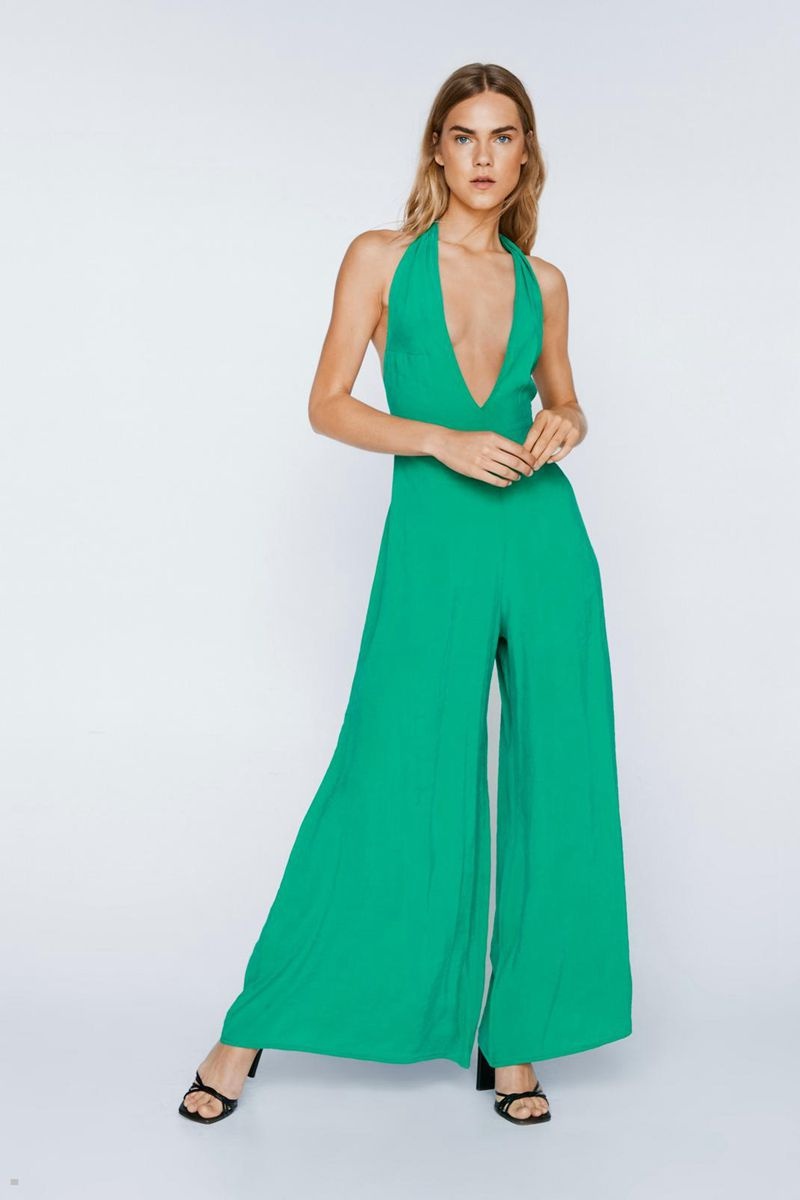 Kombinéza Nasty Gal Premium Halter Neck Široké Leg Zelene | CZ 3801-WMHNJ