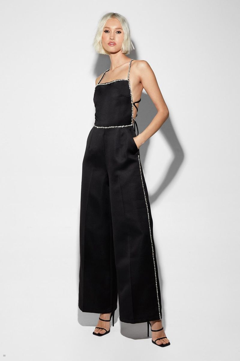 Kombinéza Nasty Gal Premium Satin Diamante Trim Páskové Back Černé | CZ 9654-ZUXHY