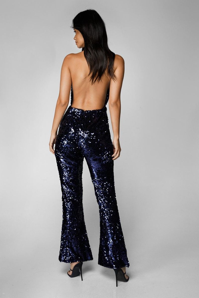 Kombinéza Nasty Gal Sequin Halter Neck Flare Tmavě Blankyt | CZ 2374-DNPVG