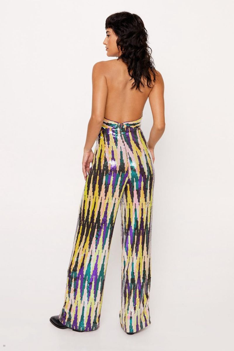 Kombinéza Nasty Gal Stripe Sequin Halterneck Široké Leg Fialové | CZ 3057-IEVZG