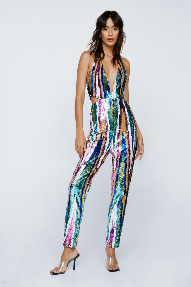 Kombinéza Nasty Gal Stripe Sequin Halterneck Cut Out Růžové | CZ 8154-BZRAF