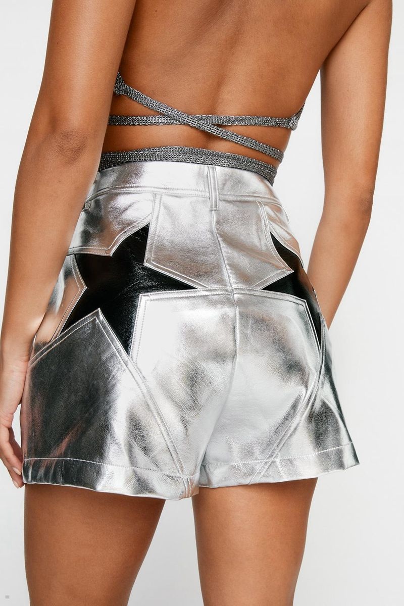 Kraťasy Nasty Gal Faux Læder Metallic Star Bum Stříbrné | CZ 3105-DJORI