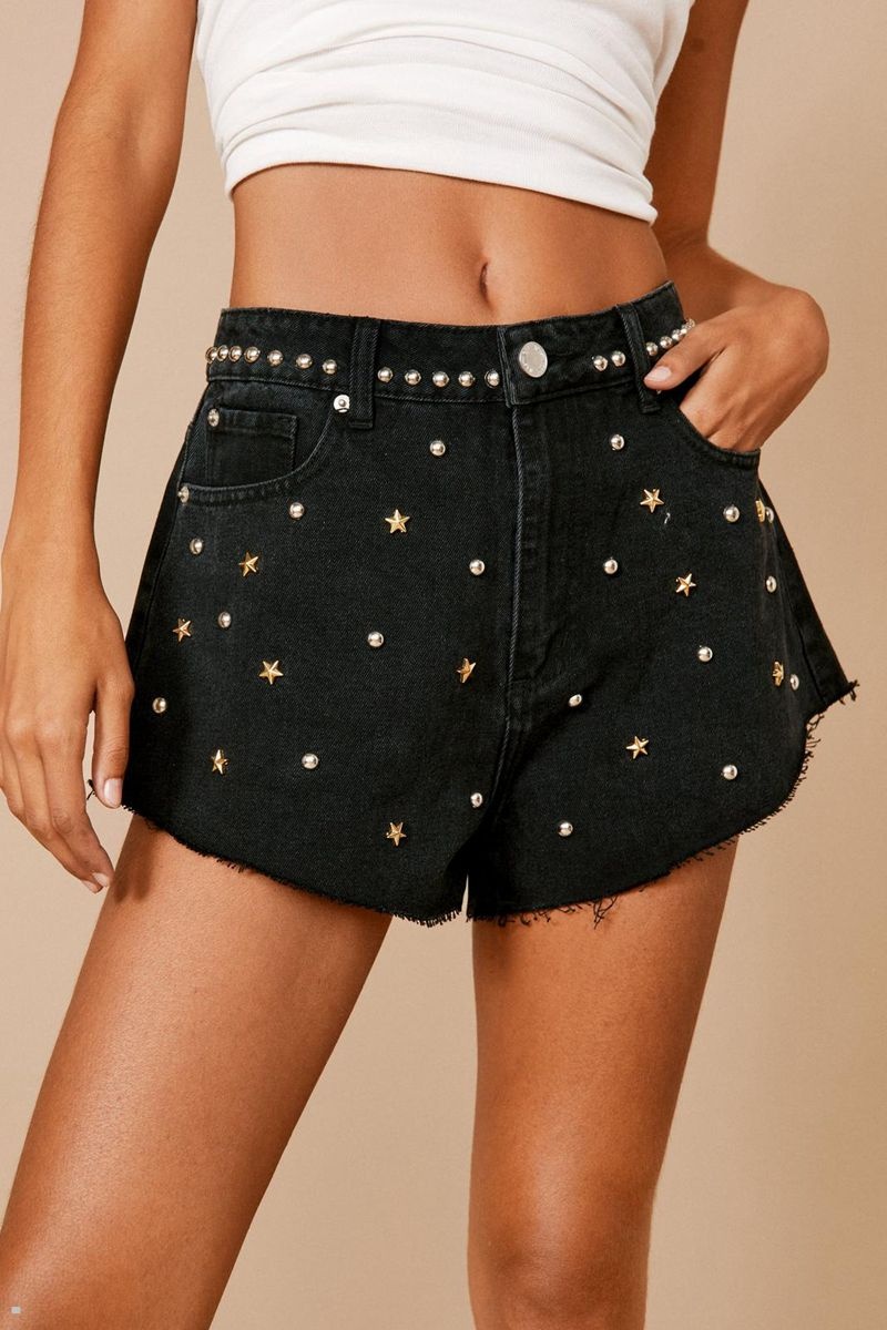 Kraťasy Nasty Gal Premium Embellished Star Studded Jean Černé | CZ 0472-VTAUM