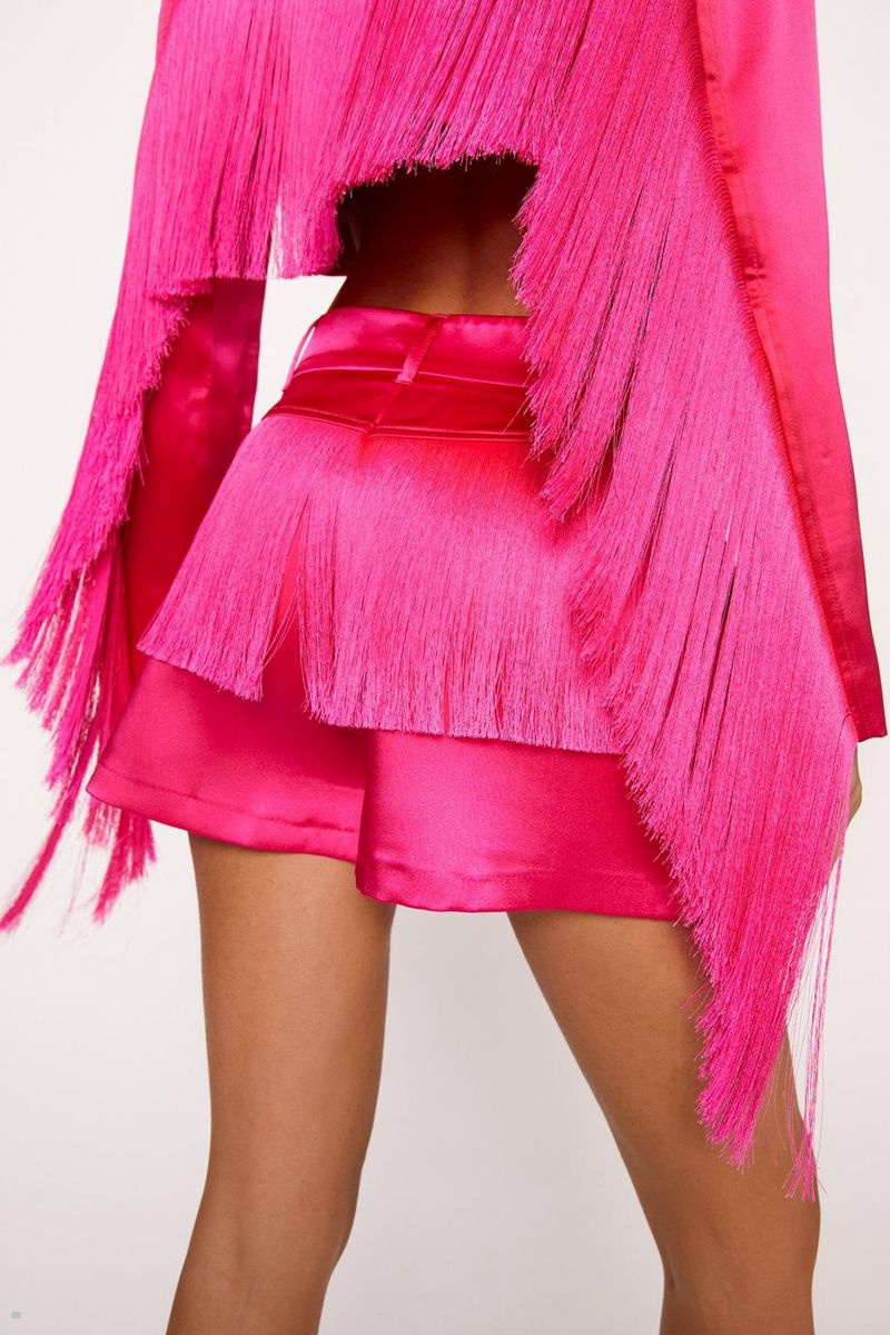 Kraťasy Nasty Gal Premium Fringe Bonded Satin Růžové | CZ 9380-BFERY