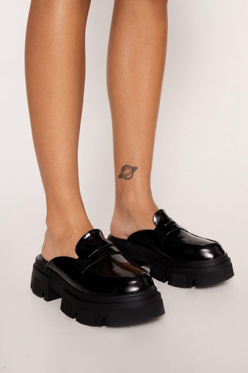 Loafers Nasty Gal Faux Læder Backless Tlustý Černé | CZ 0548-BXVJH