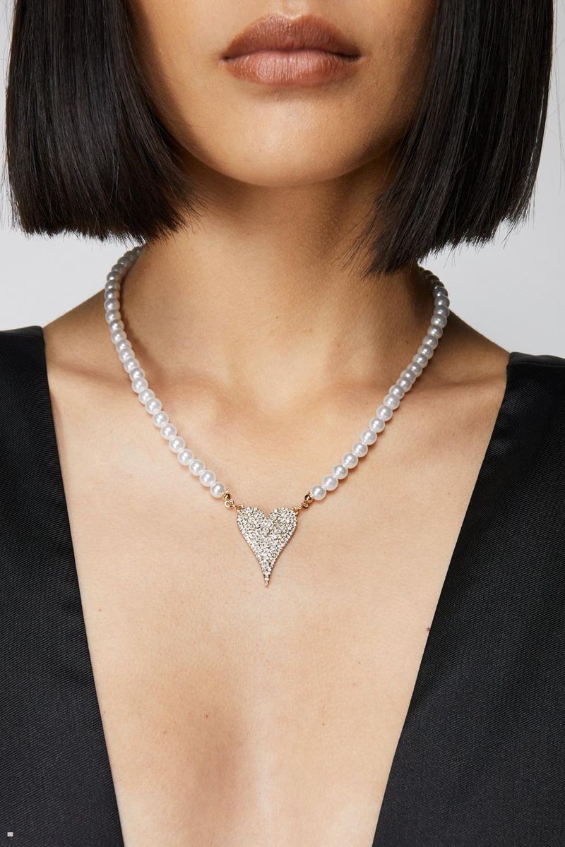 Náhrdelník Nasty Gal Pearl Diamante Heart Bílé | CZ 2495-ILMQC