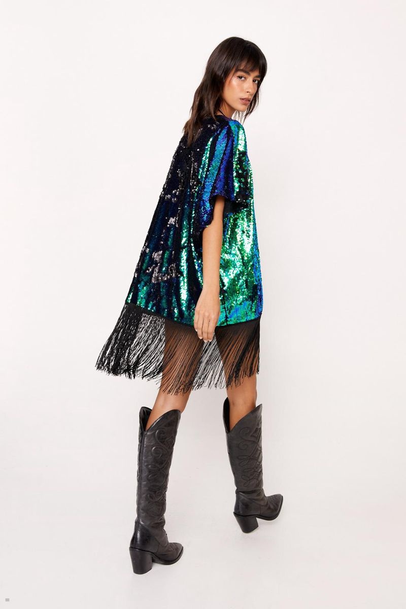 Plavky Nasty Gal Contrast Fringe Sequin Kimono Zelene | CZ 2617-UZSRD