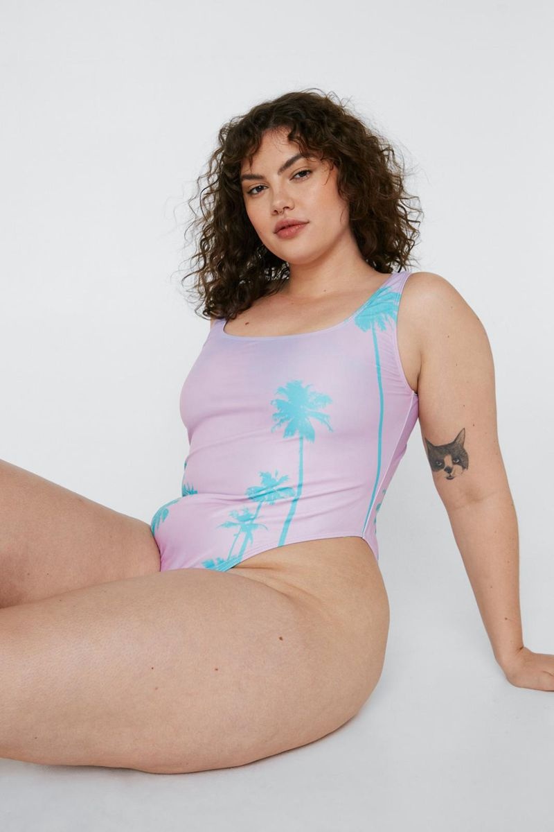 Plavky Nasty Gal Plus Velikost Recycled Palm Tree Swimsuit Růžové | CZ 1028-RMLUY