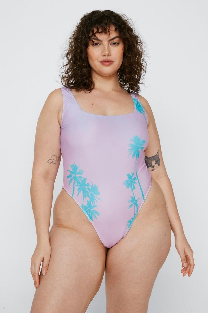 Plavky Nasty Gal Plus Velikost Recycled Palm Tree Swimsuit Růžové | CZ 1028-RMLUY