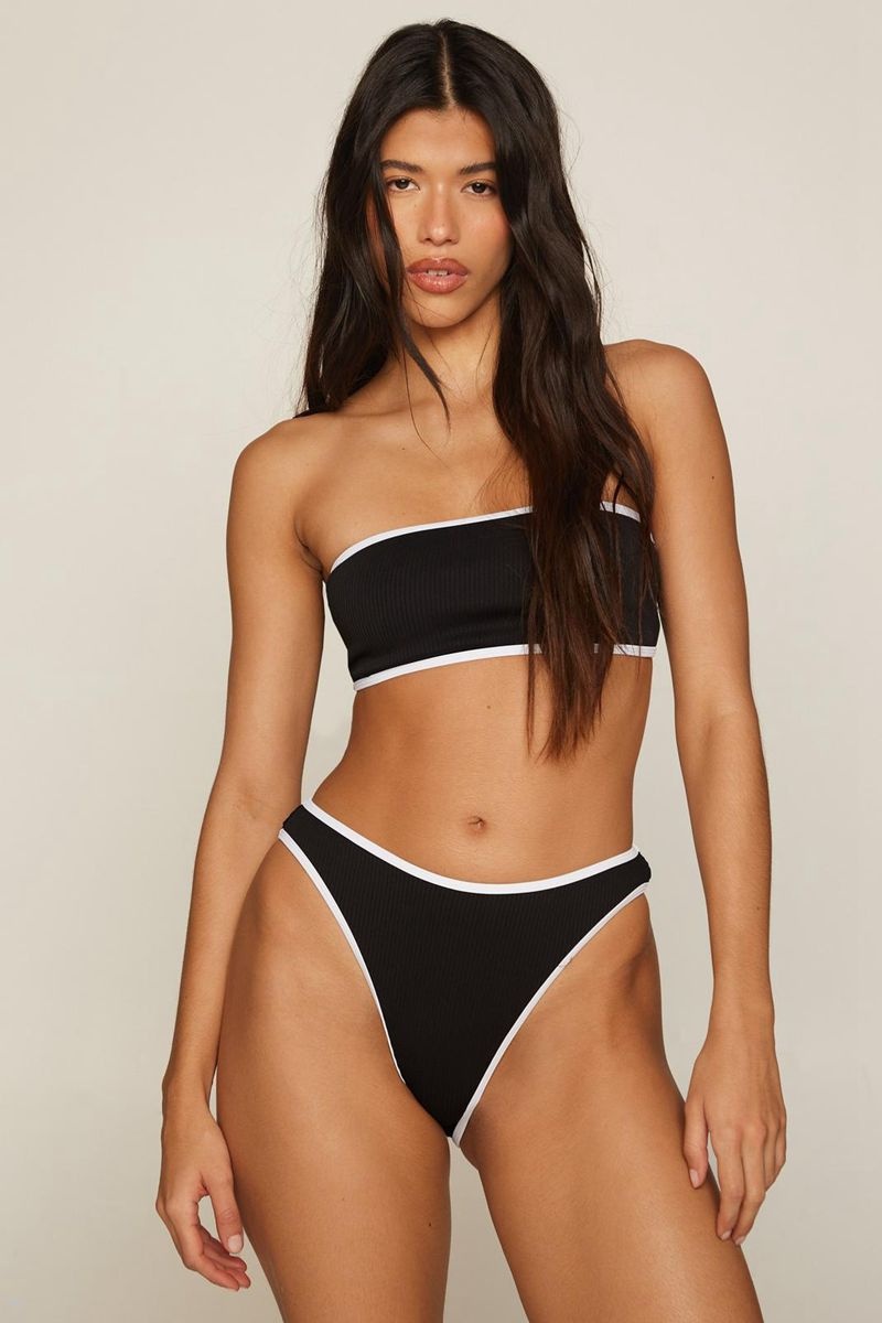 Plavky Nasty Gal Žebrovaný Contrast Bandeau High Pasem Bikiny Set Černé | CZ 8234-AWLUS