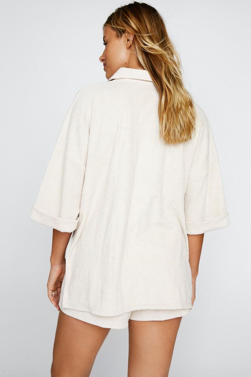 Plavky Nasty Gal Žebrovaný Toweling Beach Shirt And Shorts Two Piece Set Béžový | CZ 6348-OZTMB