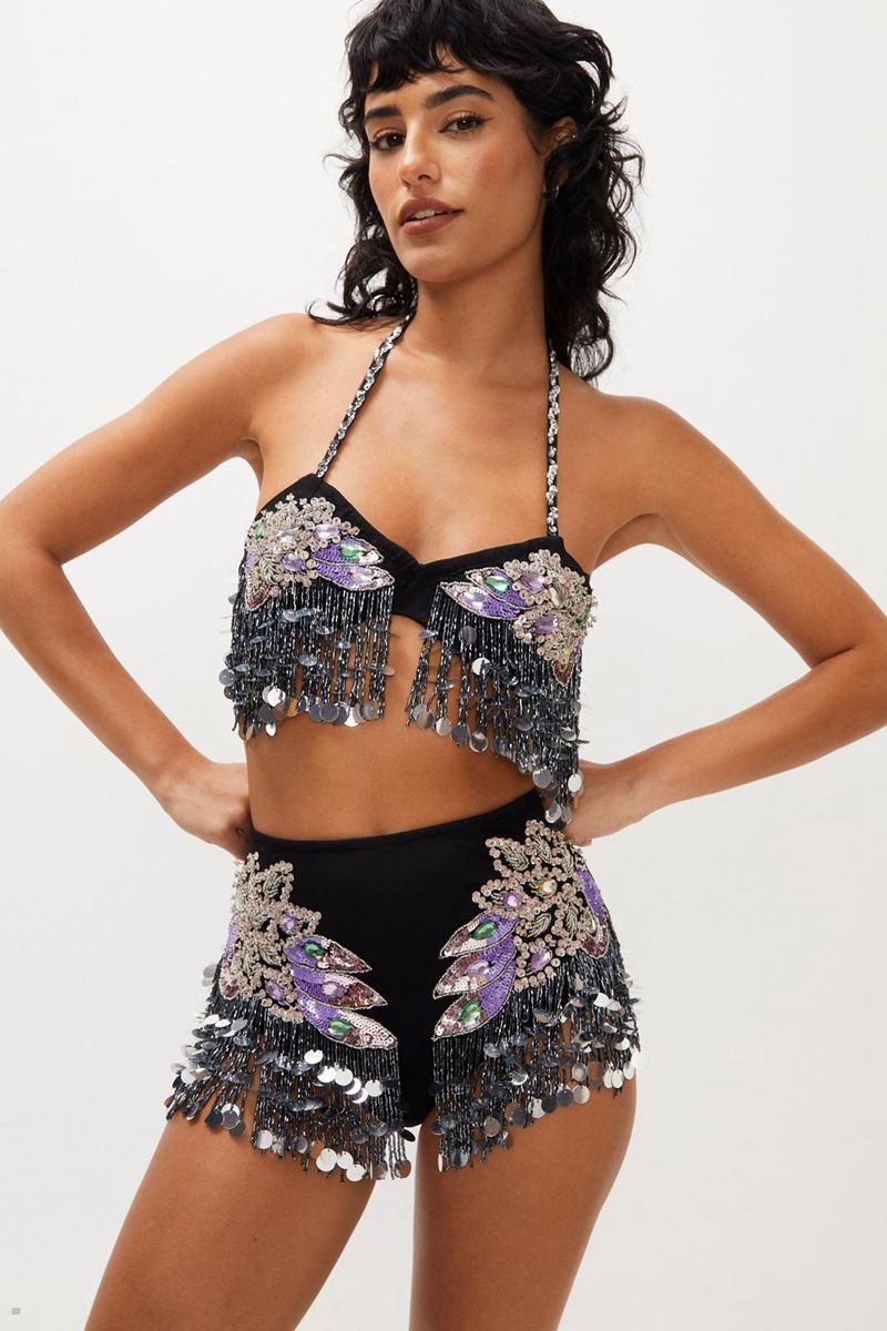 Podprsenka Nasty Gal Embellished Leaf Tassel Beaded Černé | CZ 4902-LNRYP