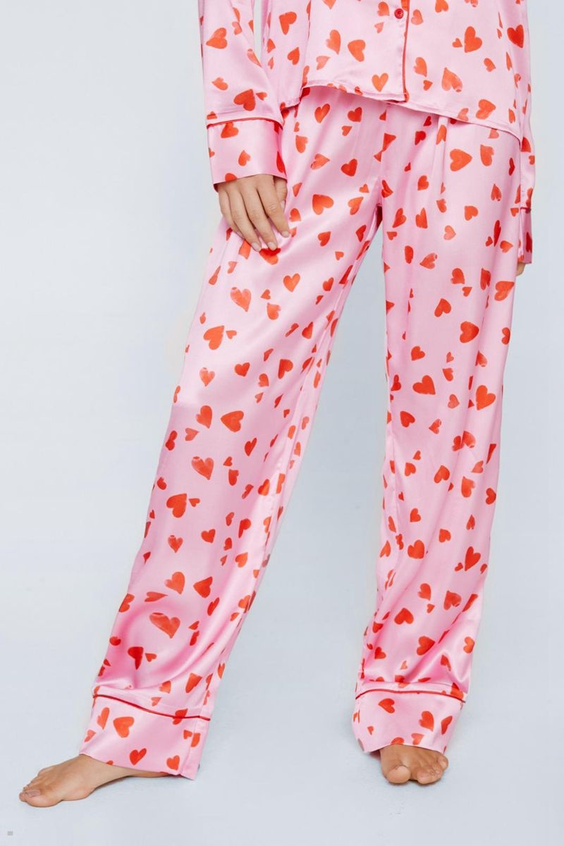 Sady Nasty Gal 6-Pc Satin Heart Print Pajama Růžové | CZ 0832-OPXSY
