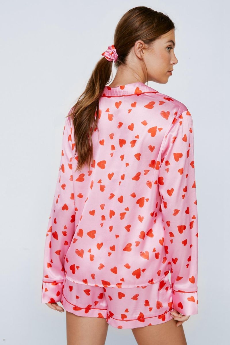 Sady Nasty Gal 6-Pc Satin Heart Print Pajama Růžové | CZ 0832-OPXSY