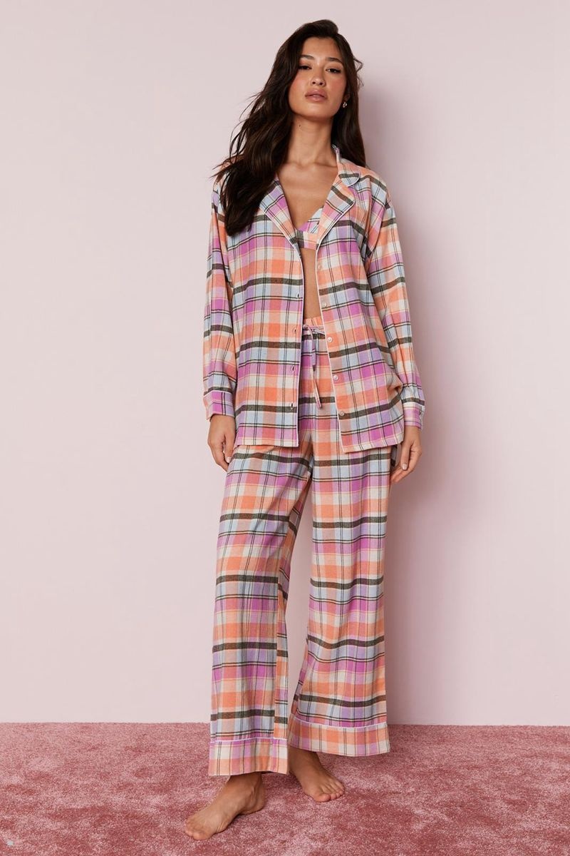 Sady Nasty Gal Bavlněné Yarn Dyed Plaid 3pc Pajama Pants Růžové | CZ 4291-XWERA