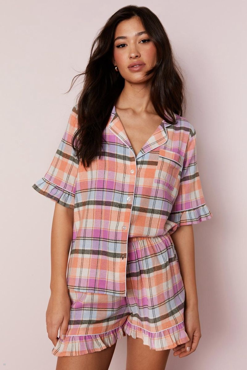 Sady Nasty Gal Bavlněné Yarn Dyed Plaid Ruffle Pajama Shorts Růžové | CZ 9251-AYMKE