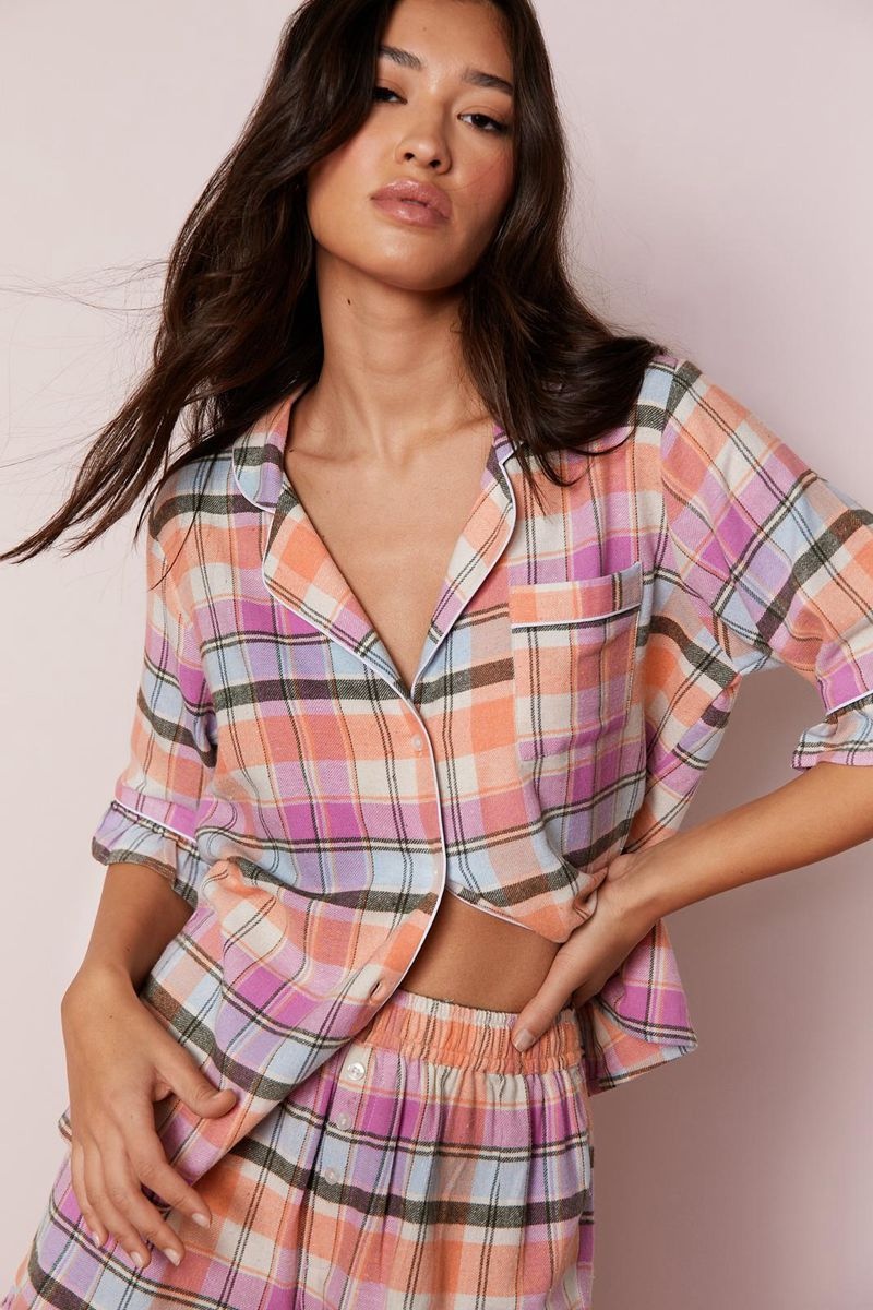 Sady Nasty Gal Bavlněné Yarn Dyed Plaid Ruffle Pajama Shorts Růžové | CZ 9251-AYMKE