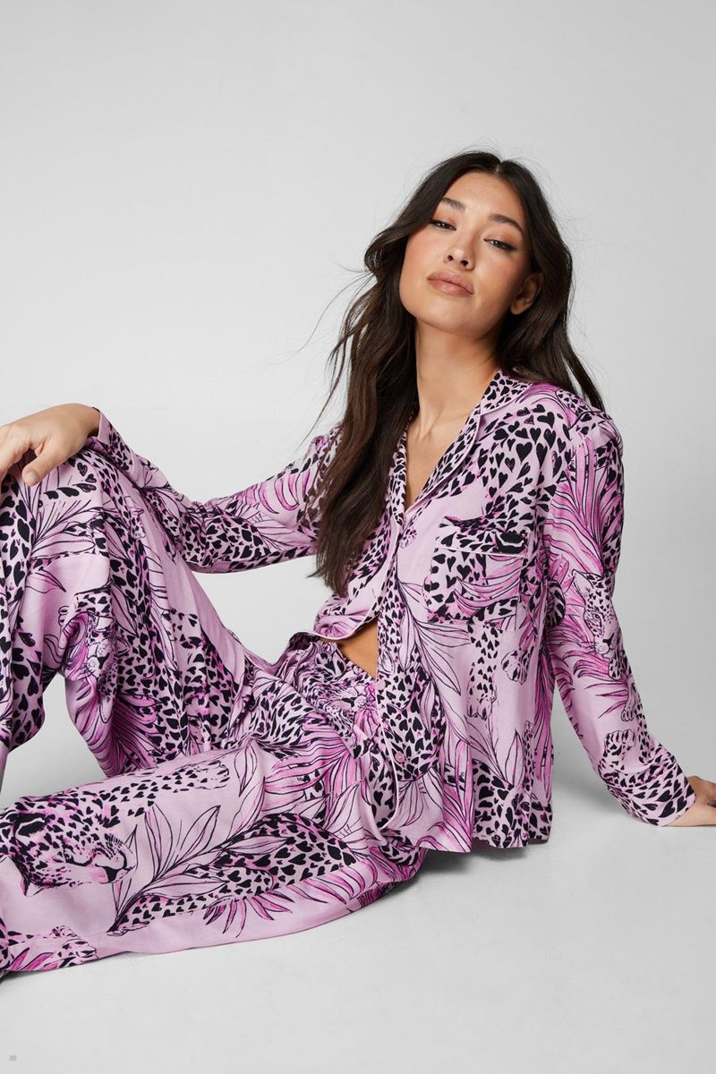 Sady Nasty Gal Cheetah Print Long Sleeve Pyjama Trouser Fialové | CZ 7328-LGPDT